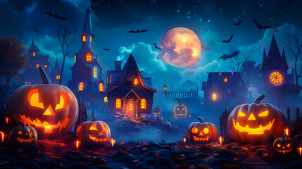 Fototapeta premium Halloween pumpkin village at night, Jack o lanterns