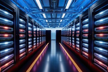 Fototapeta premium Digital Data Center Design with LED Panels and Open Space in IT Infrastructure