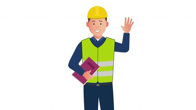 2D Illustrated construction maintenance worker  vector character waving hand and smiling animation. On white background.