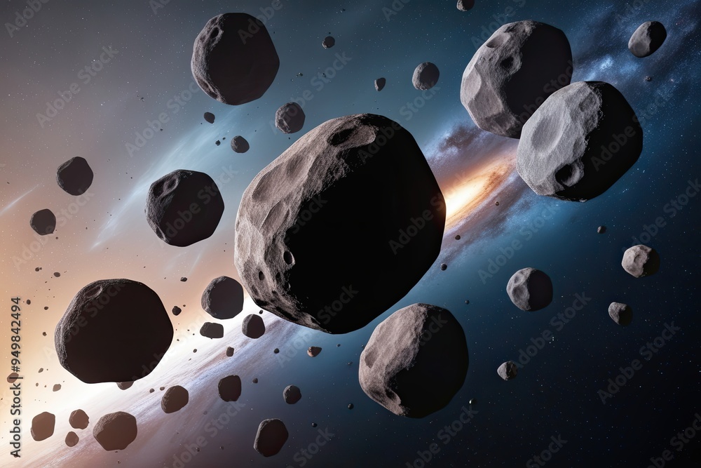 Poster asteroid cluster swarm of giant boulder collections in motion through space