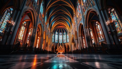 Fototapeta premium Gothic cathedral with stained glass windows, grand and historical, Historical, Muted tones, Photograph, Architectural beauty