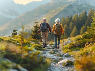 Fototapeta premium Retired seniors hiking scenic mountain trail enjoying nature s beauty and fresh air during their active lifestyle