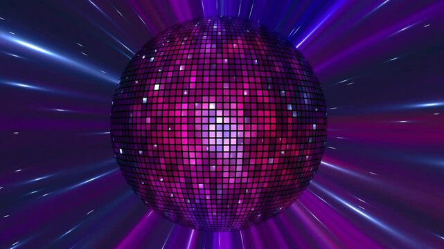 One colorful glossy disco ball spins on dark purple starry background 3D 4K looped animation