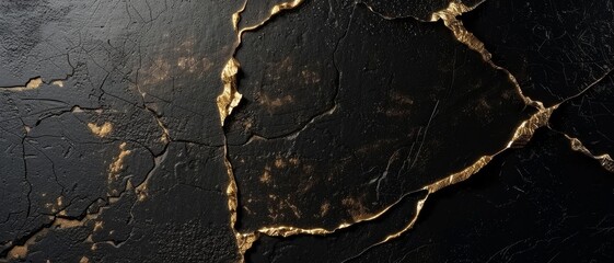 Elegant, cracked black surface with gold veins reflecting an artistic fusion of strength and fragility.