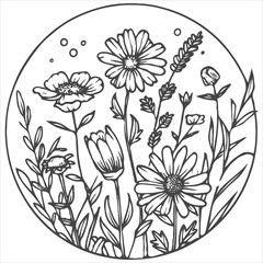 Minimalistic Hand-Drawn Floral Bouquet Illustration with Line Art and Color Accents