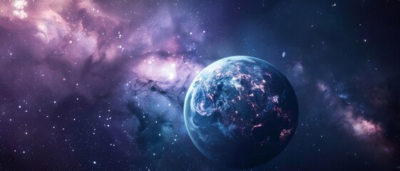 Fototapeta premium An awe-inspiring view of Earth surrounded by the vast expanse of space, adorned with distant galaxies and star clusters, showcasing the universe's grandeur.