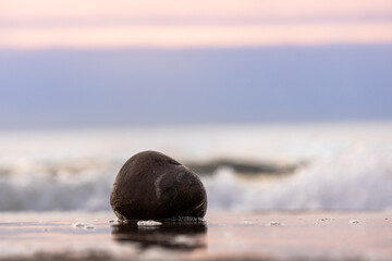 duży kamień leży na plaży. W tle morze którego fale rozbijają się o kamień © workszop