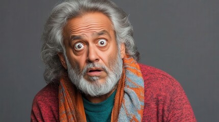 Surprised senior man with wide eyes and a shocked expression.