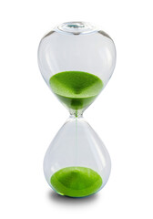Hourglass containing green sand isolated on transparent background