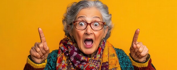 Surprised elderly Indian woman, pointing eagerly, soft solid background, designated text area, Shocked Look, Minimalist and engaging