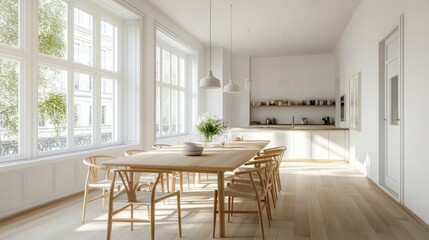 Fototapeta premium A bright and airy Nordic dining area with a simple wooden table, light-colored chairs, and a minimalistic pendant light, emphasizing functionality and elegance