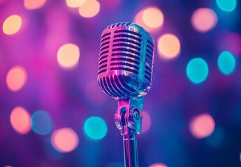 Vintage Microphone with Colorful Bokeh Background
