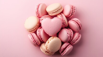 Obraz premium French sweet Strawberry Pink heart macaroons isolated on pink background. Pastry shop card with copy spacefrench macaroons,Paris Pastry,bakery and branding valentine couple concept,copy space.