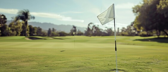 A serene golf course with meticulous greens, featuring a gently waving white flag on a sunny day with mountains in the background.