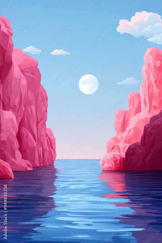 Poster this is an illustration of an abstract mountain range background with red and blue colors. it is in 