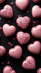 Obraz premium French sweet Strawberry Pink heart macaroons isolated on black background. Pastry shop card with copy space,french macaroons,Paris Pastry,bakery and branding valentine couple concept,copy space.