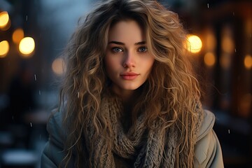 portrait of pretty frozen young woman with long wavy blond hair in warm knitted scarf on evening street on winter blurred bokeh background