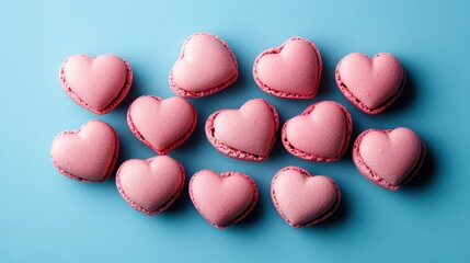 Fototapeta premium French sweet Pink heart macaroons isolated on blue background. Pastry shop card with copy spacefrench macaroons,Paris Pastry,bakery and branding valentine couple concept,copy space.