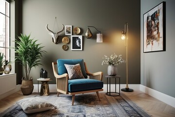 Modern Armchair in Chic Urban Living Room with Unique Decor and Soft Background - 3D Visualization