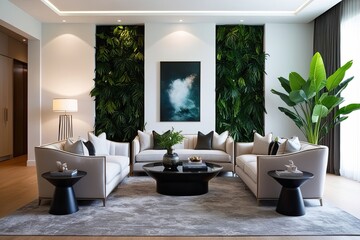 Fototapeta premium Modern Living Room Design with Bright Lighting Luxe Sofa and Abundant Greenery