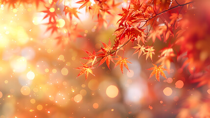 Fototapeta premium web banner design for autumn season and end year activity with red and yellow maple leaves with soft focus light and bokeh background