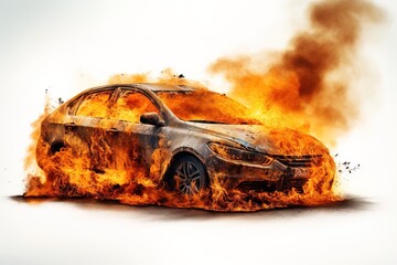 burning car with flames and smoke isolated on white background