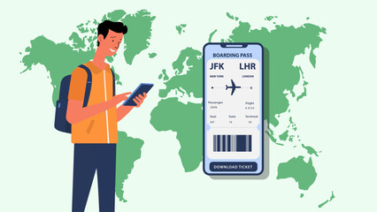 Flight Business class boarding pass booking and ticket download, men flat character vector illustration design.