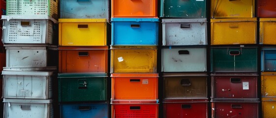 A vibrant array of stacked plastic storage bins creates a colorful and organized display, symbolizing order amidst chaos.
