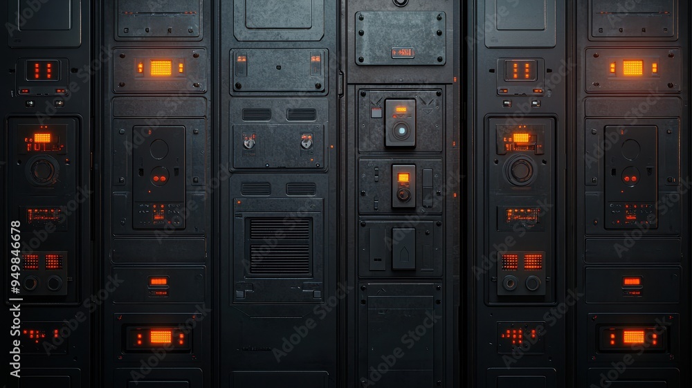 Poster a detailed view of a futuristic control panel with glowing orange lights and various buttons, perfec
