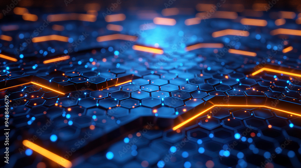 Wall mural futuristic background of hexagonal grid with glowing lines