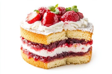 Victoria Sponge Cake, A British classic, made from two layers of sponge cake filled with jam and whipped cream. isolated on white background