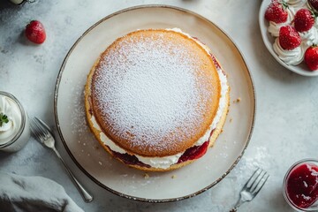 Victoria Sponge Cake, A British classic, made from two layers of sponge cake filled with jam and whipped cream. Top View