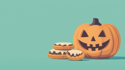Obraz premium A festive Halloween scene featuring a carved pumpkin and delicious cookies, perfect for holiday celebrations and decorations.