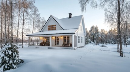 A charming Nordic-style home with a pitched roof, white facade, and cozy porch, nestled in a snowy landscape, reflecting classic Scandinavian architecture.