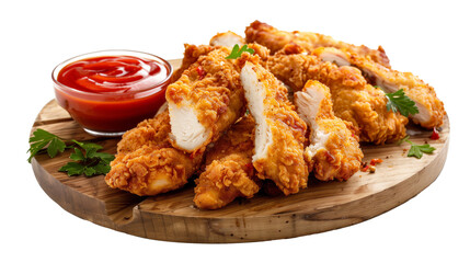 Crispy golden fried chicken tenders with ketchup on wooden board