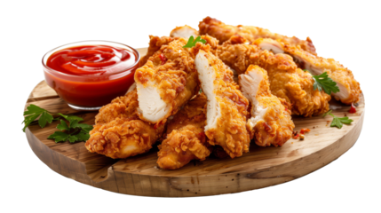Crispy golden fried chicken tenders with ketchup on wooden board