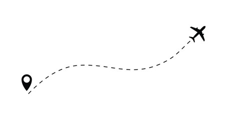 The plane icon follow from start pin point to finish by dashed line. Airplane dashed line path flat style design isolated on white background. Airplane route trace flight air map.