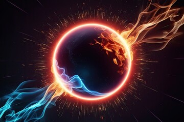 Obraz premium Neon Energy Sphere with Glowing Flames and Sparks on Dark Background