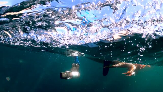 Underwater view of a kayak fisherman pulling fish on a stinger