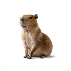 Fototapeta premium A capybara, the world's largest rodent, sitting upright on a white background, showcasing its natural fur and relaxed posture.