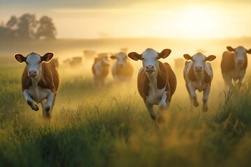 A herd of cows running through a field. The cows are brown and white. The sun is setting in the background