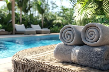 Obraz premium Stock photo of a luxurious poolside lounging scene with towels and clear water