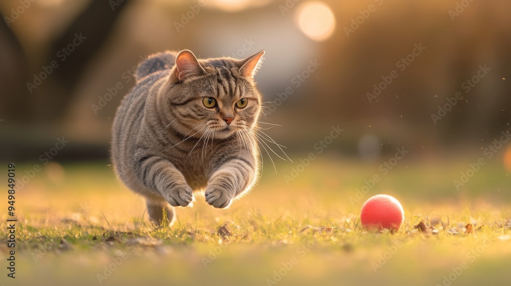 Poster a chunky cat playfully chasing a toy, its round shape and energetic movements bringing joy and laugh