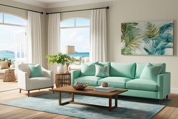 Mint Sofa and Decor in a Refreshing Coastal Living Room 3D Rendering