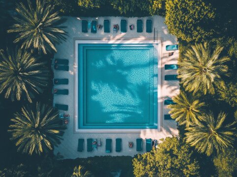 An aerial view of the beach resort Anahita with palm trees, clear blue water, and a tranquil atmosphere in Flacq, Mauritius.