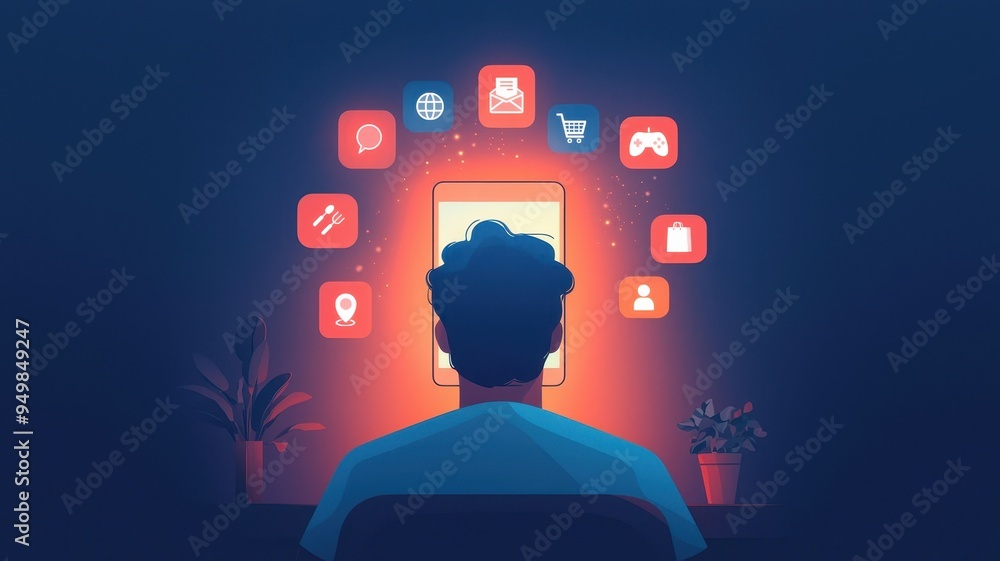 Poster a person sitting in front of a glowing screen, surrounded by various digital icons representing tech
