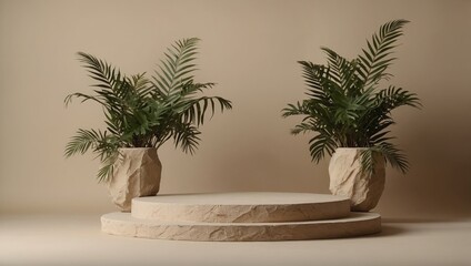 Fototapeta premium Beige stone podium for product presentation decorated