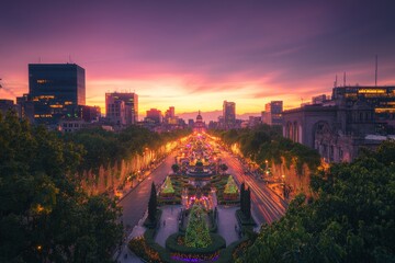 Naklejka premium An aerial drone view of the skyscrapers at Paseo de la Reforma in Mexico City at sunset.