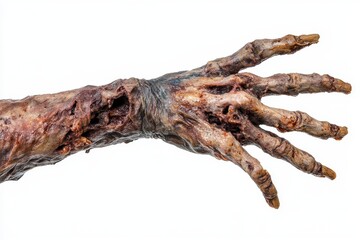 Obraz premium Creepy Realistic Zombie Hand Prop with Decayed Skin and Outstretched Fingers on white background