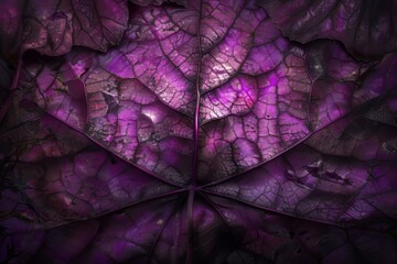 Detailed macro shot of a dry autumn leaf showing its intricate vein patterns in warm purple tones. Texture and lines create a natural abstract design.